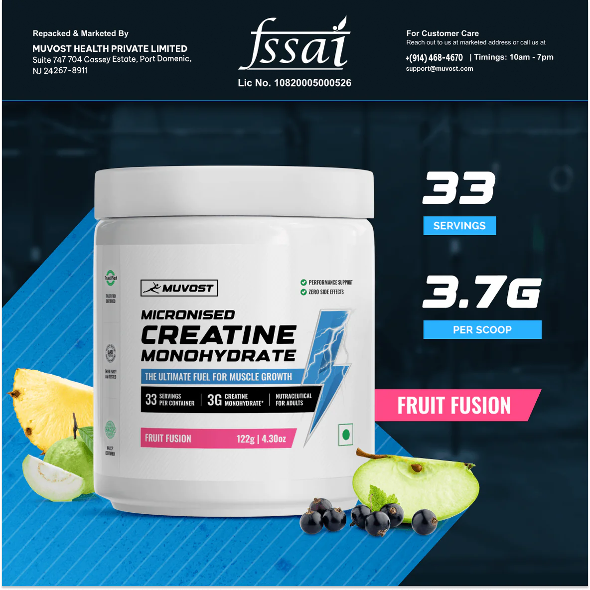 Muvost Pure Micronised Creatine Monohydrate (122g, 33 Servings) Fruit Fusion